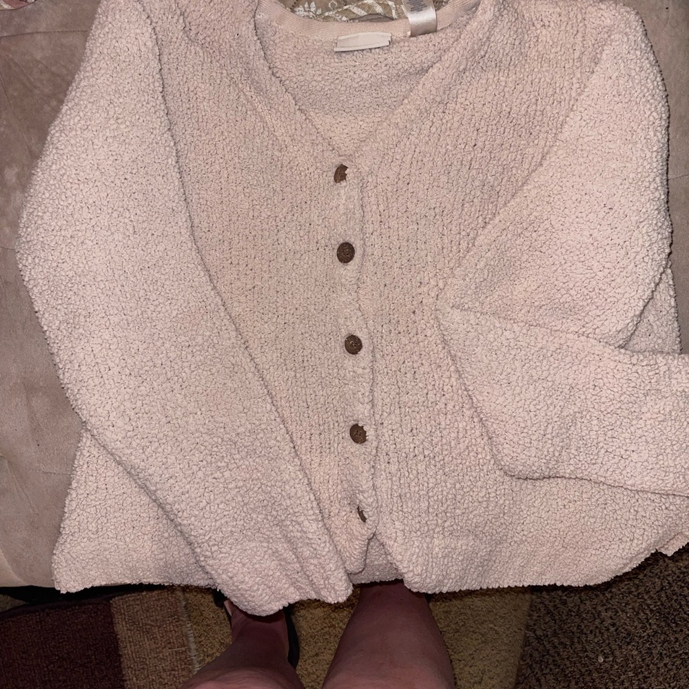 Christopher & Banks Blush Pink Button-Front Bouclé Cardigan